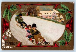 Baltimore MD Postcard Christmas Children Sledding Winter Scene Berries 1909