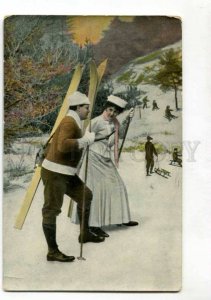 401702 Winter SPORT Sled & SKIING Lovers Vintage postcard