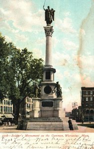 Vintage Postcard 1908 Soldiers Monument On Common Worcester Massachusetts Mass.