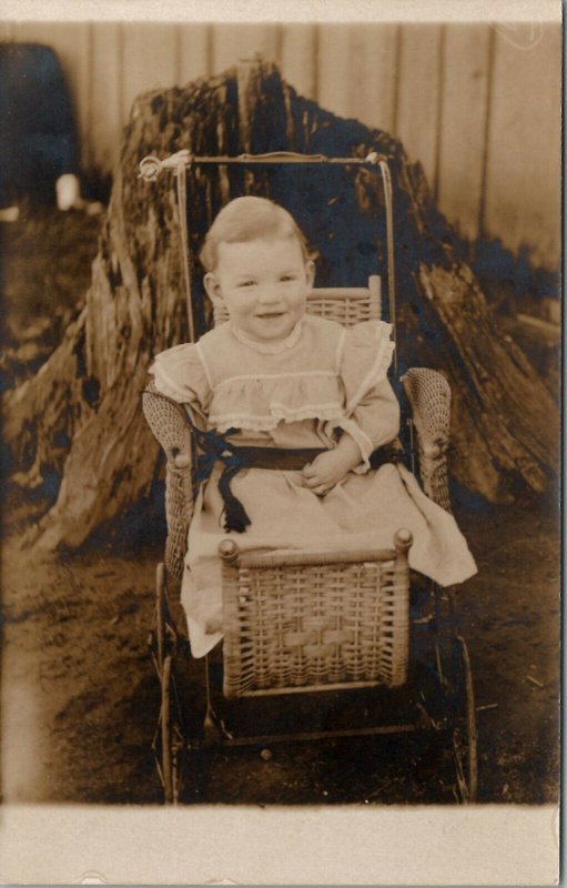 Baby with Amelia or One Arm Amputee in Wicker Stroller Woodland WA Postcard V12