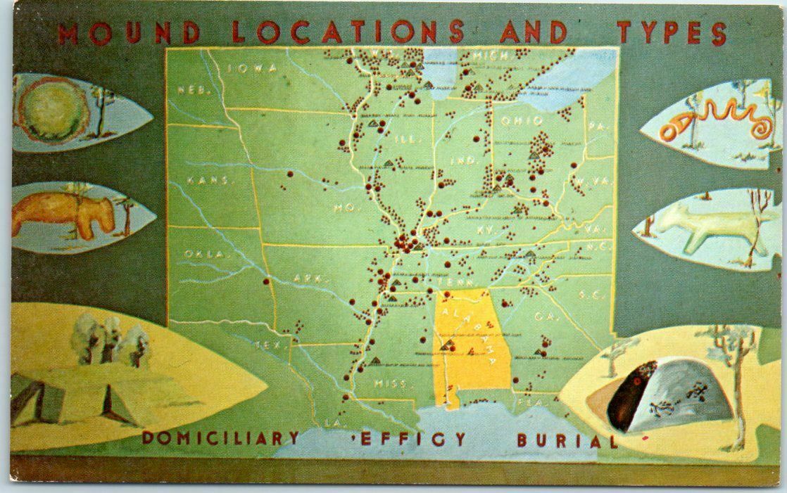 Moundville, Alabama Postcard MOUND PARK Map of "Mound Locations & Types