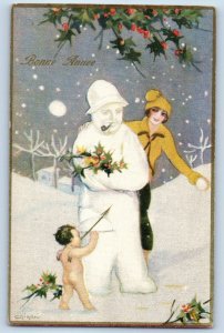 1926 New Year Snowman Pretty Woman Cupid Winter Scene Italy Vintage Postcard