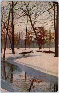 Violets In The Snow, Motto Verse Winter Forest Landscape Stream Vintage Postcard