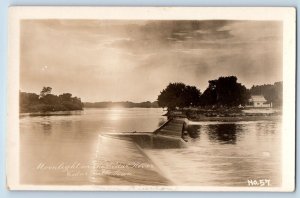 Cedar Falls Iowa IA Postcard RPPC Photo View Of Moonlight On The Cedar River