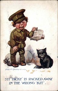 WWI A/s FRED SPURGIN Crying Little Boy Soldier Antique Postcard