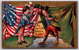 Uncle Sam & St Patrick In Countries Handshake~American & Ireland Flags~Gold~1909