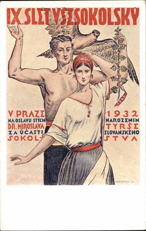 Czech Sokol Games Poster Art Shirtless Man Beautiful Woman Eagle 1932 Postcard 