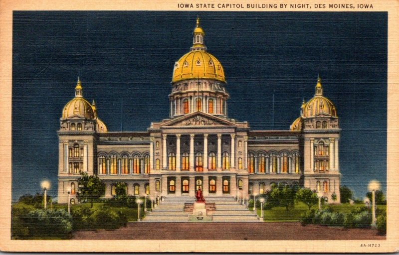 Iowa Des Moines State Capitol Building By Night 1941 Curteich