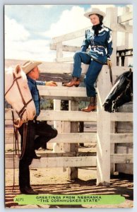 Corral in Western Garb Portrait of Cowboy & Cowgirl Vintage Postcard