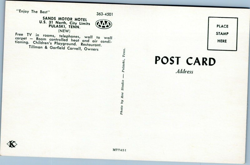 postcard Pulaski, Tennessee - motel - Sands Motor Hotel