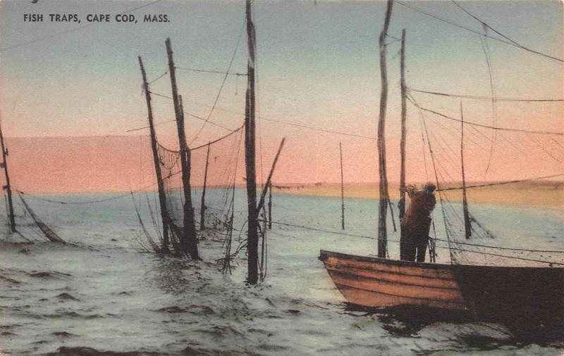 Fish Traps, Cape Cod, Massachusetts, Early Hand Colored Postcard, Unused