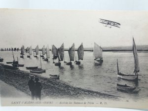 Saint Valery Sur Somme Biplane Flying over Fishing Boats Vintage Postcard c1915