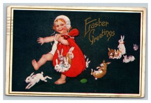 Vintage 1911 Easter Postcard Little Girl in Bonnet Carries Bag of Cute Bunnies