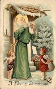 Christmas Old World Santa in Green Cloak Cherub Postal Carrier Vintage Postcard