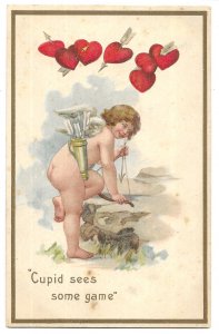 Cupid Sees Some Game Unused Embossed Valentine Postcard, made in Germany, Hearts