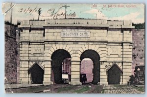 1910 St. John Quebec Canada Vintage Postcard Gate Building Streetcar Posted