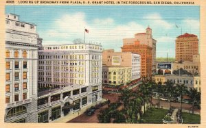 Vintage Postcard Looking Broadway from Plaza US Grant Hotel San Diego California