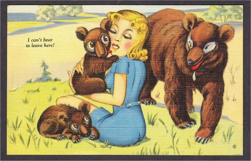 I Can't Bear To Leave This Place Big Eyes Linen Pinup Comic Postcard Mailed 1945