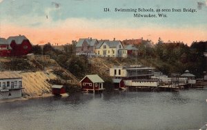 MILWAUKEE WISCONSIN WI~SWIMMING SCHOOLS FROM IRON BRIDGE~1918 POSTMARK POSTCARD