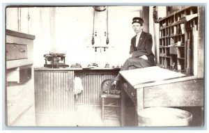 1911 Railroad Train Depot Interior Employee Eldena IL RPPC Photo Postcard