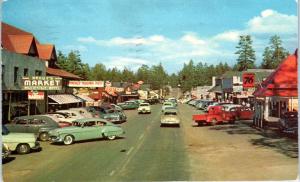 BIG BEAR, CA California  Street Scene 76 GAS BAKERY Market 1956 CARS  Postcard