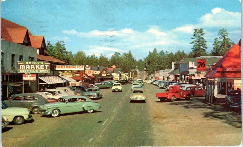 BIG BEAR, CA California  Street Scene 76 GAS BAKERY Market 1956 CARS  Postcard