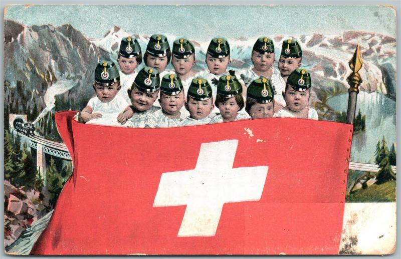 MULTIPLE BABIES w/ SWISS FLAG ANTIQUE POSTCARD 