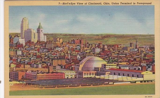 Ohio Cincinnati Birds Eye View With Union Terminal In Foreground Curteich