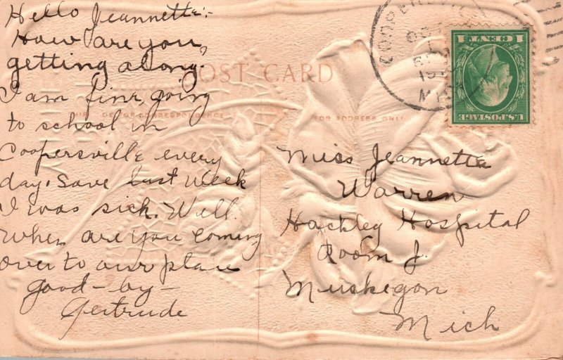 Vintage Postcard 1910's Best Wishes Embossed Rose Flower Brown Background