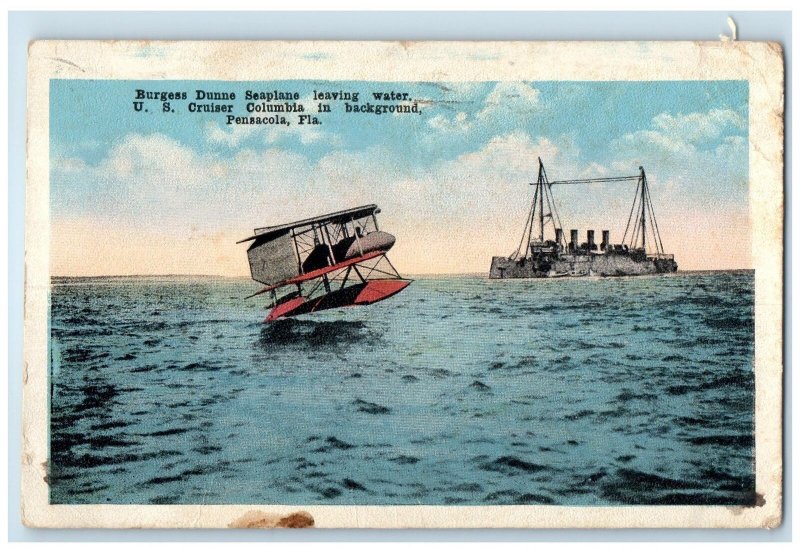 1918 Burgess Dunne Sea Plane Leaving Water US Cruiser Pensacola Florida Postcard