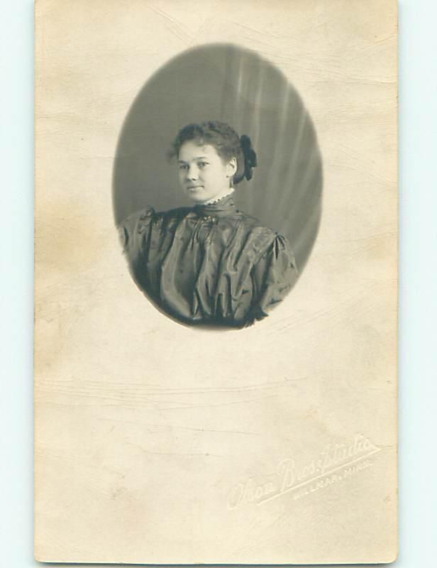 Pre1920s rppc GIRL WITH BOW IN HAIR WITH EXTREMELY HIGH COLLAR Willmar MN r6928