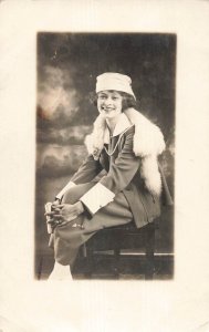 BEAUTIFUL YOUNG WOMAN-STYLISH ATTIRE-WHITE MINK STOLE~1910s REAL PHOTO POSTCARD
