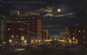 Macon Georgia GA Night Scene Cherry Street c1940s Linen Postcard