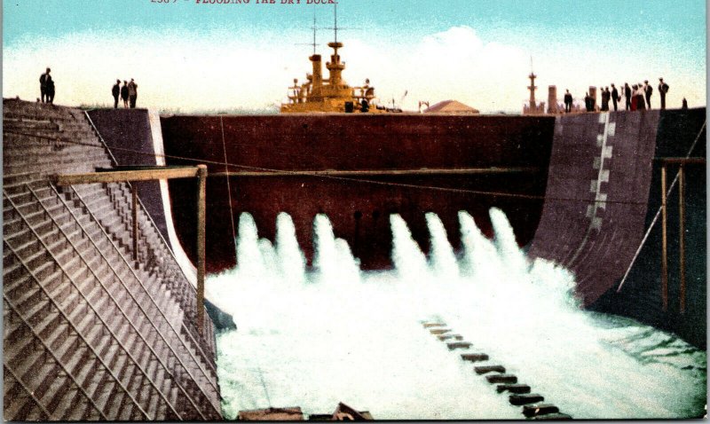 Vtg 1910s Flooding The Dry Dock Bremerton Washington WA Postcard