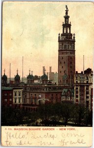 VINTAGE POSTCARD MADISON SQUARE GARDEN CENTER VERTICAL POSTED 1909 {pinhole ctr}