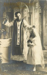 RPPC Postcard German Catholic Preist and Little Girl In first Communion Dress