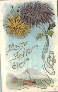 Embossed Flower Ship Greeting c1910 Postcard