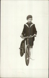 Boy & His Bicycle French Beret Hat c1910 Real Photo Postcard