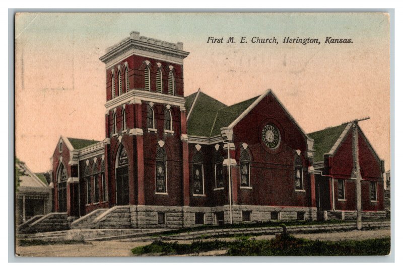 1910 Postcard First M. E. Church Herington Kansas Vintage Standard View Card