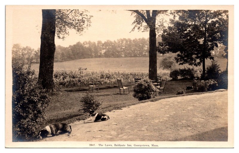 RPPC Baldpate Inn, The Lawn , Dogs and Chairs, Georgetown, MA Postcard