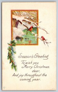 A Merry Christmas Wish, Red Birds, Holly, Rural Scene, Antique Bergman Postcard