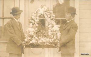 Circa 1910 Men Floral Memorial Wreath RPPC postcard 6282