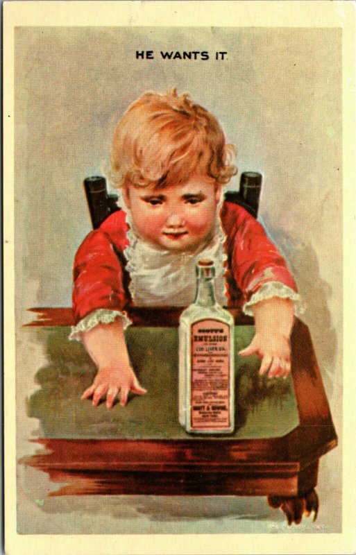 Young Boy He Wants It Cod Liver Oil 1980 Vintage Embossed Advertisement PC Rare