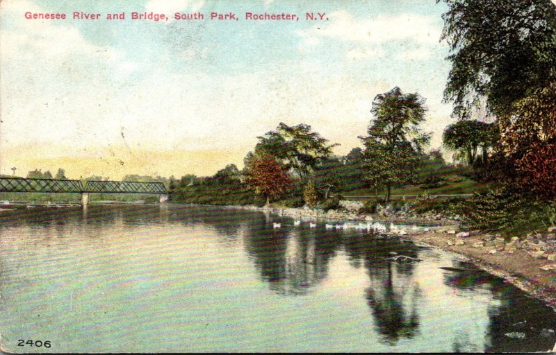 New York Rochester South Park Genesee River and Bridge 1910