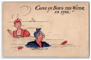 1907 Fat Woman Humor Beach Scene Come On Boys The Water Is Fine Antique Postcard