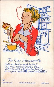 Humor, Tin Can Housewife Unable to Cook, Smoking Vintage Postcard Z50