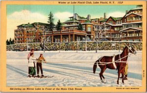 Ski-Joring on Mirror Lake at Club House, Lake Placid Club NY c1939 Postcard D11