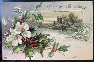 Vintage Victorian Postcard 1901-1910 Christmas Greetings - Dogwood & Holly