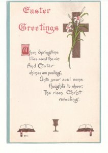 Easter Greetings, Poem, Cross And White Lilies, Vintage 1913 Embossed Postcard