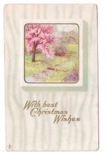 With Best Christmas Wishes, Rural Flowering Tree Scene, Antique 1911 Postcard #2